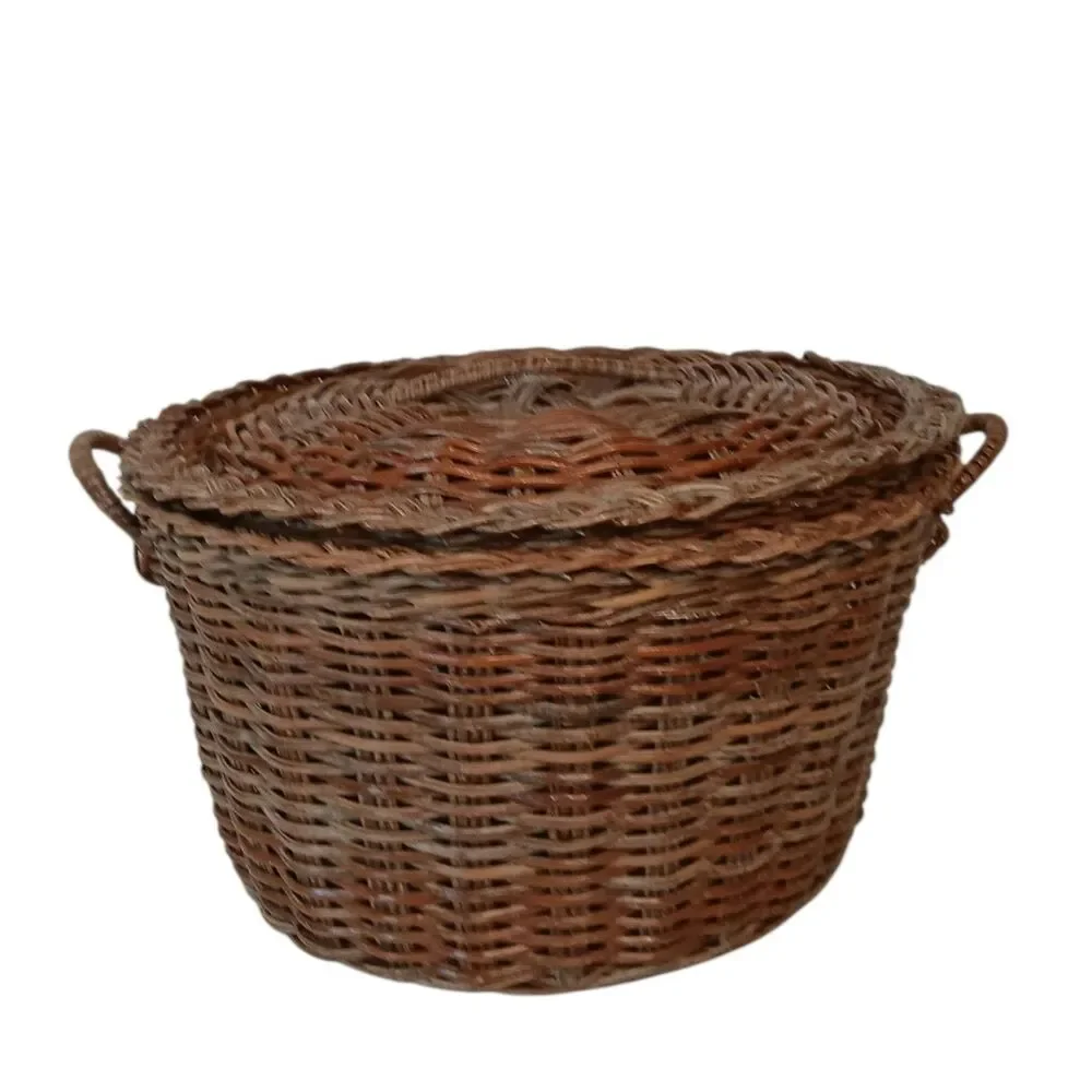 Vintage Wicker Rattan Basket With Lid Reddish Brown 12